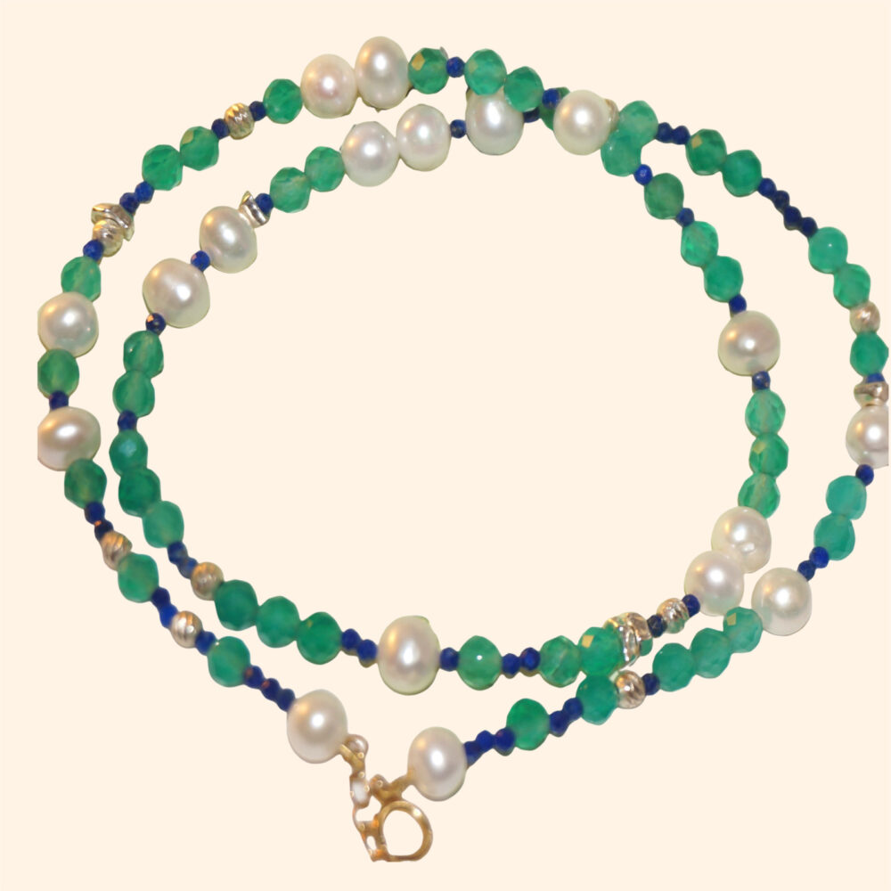 LING LAN JEWELRY Elegant Green Agate Lapis Lazuli 14K Gold-filled & Silver Freshwater Pearl S925 DEW Everyday Necklace for Women for Mother's Gift