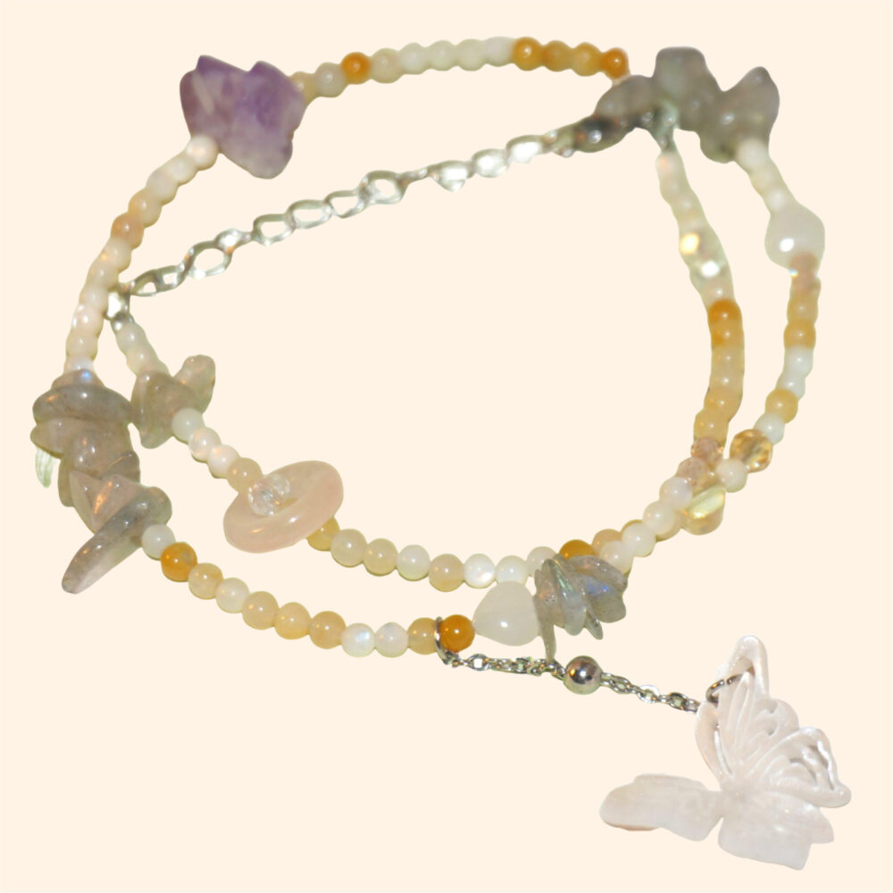 LING LAN Jewelry Aventurine Crystal Romantic Butterfly DANCER Creative Amethyst Stainless Steel longlasting Necklace
