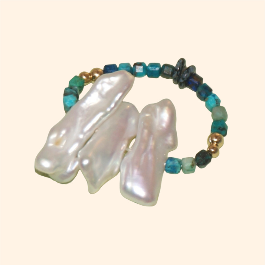 LING LAN JEWELRY Classic Elegant 14KGF Cool Chrysocolla Lustrous Baroque Pearl Handmade FOREST Elastic Unisex Ring for Commuter