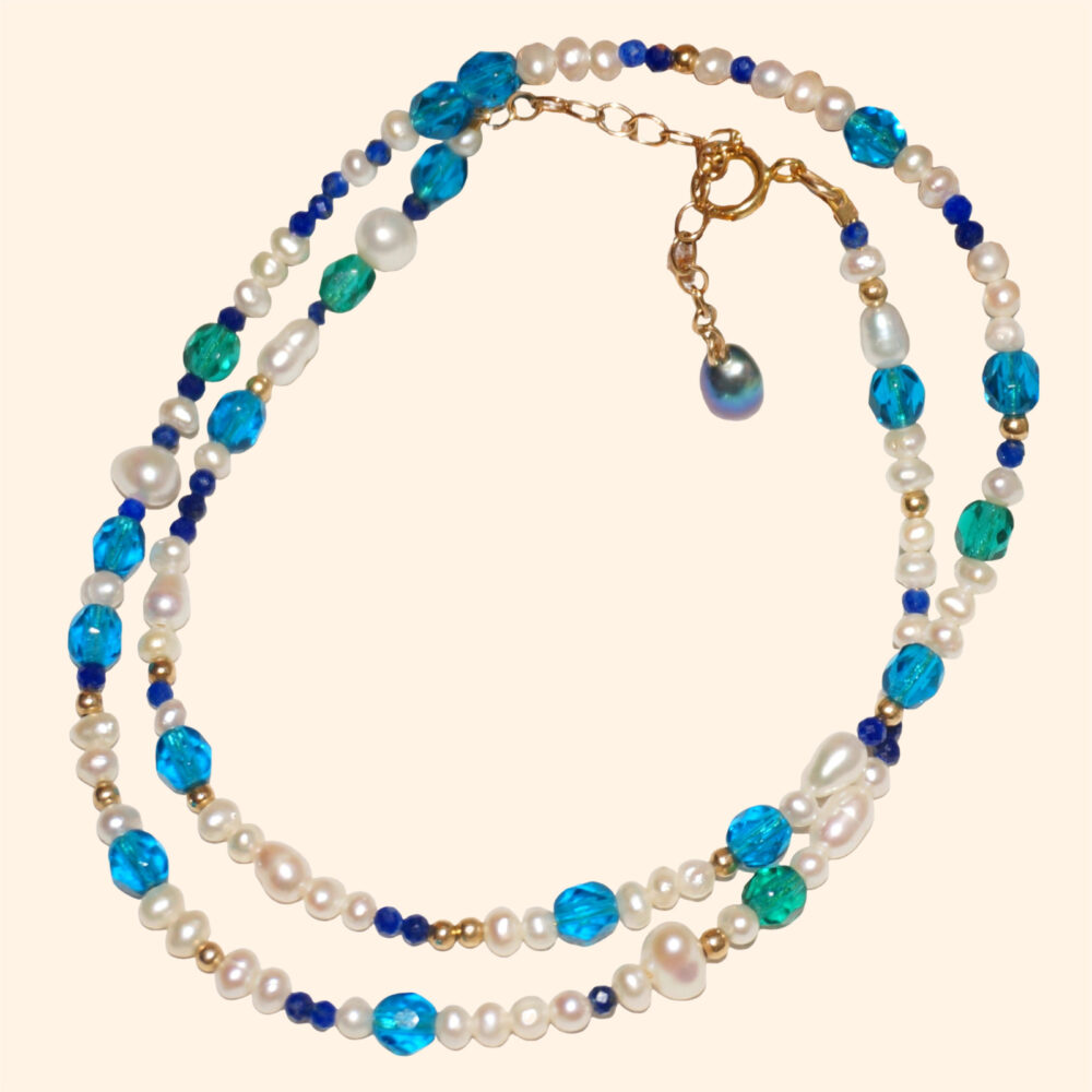 LING LAN JEWELRY Elegant 14K Gold-filled Classic Lapis Lazuli Blue MYSTERIOUS SEA High-luster Pearl Commuter Necklace