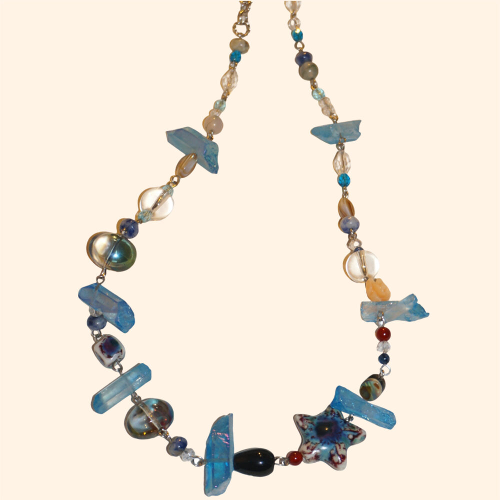 LING LAN JEWELRY Fancy Stainless Steel Crystal Ceramics Blue STAR OF THE SEA Cool Necklace for Unisex