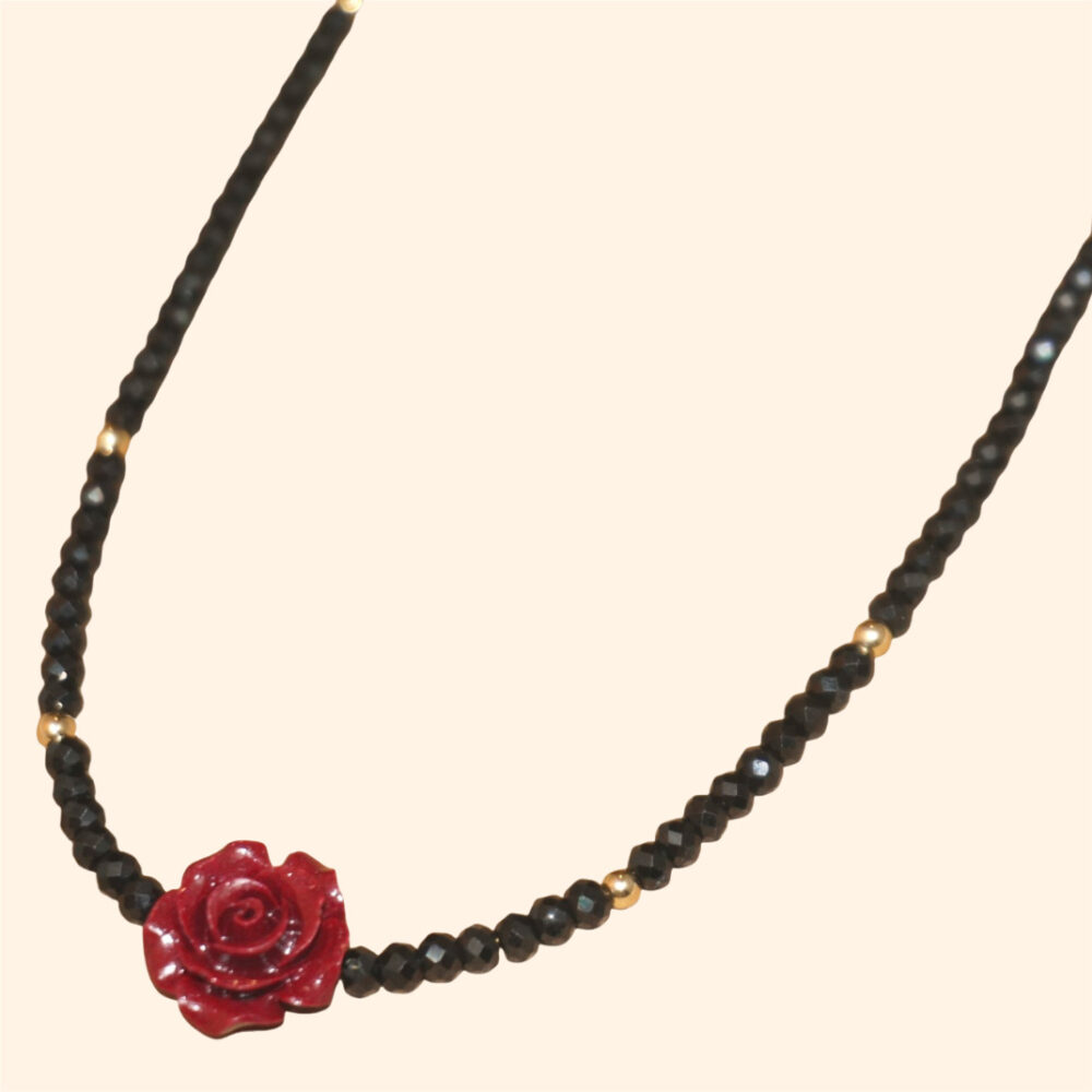 LING LAN JEWELRY 14K Gold-filled Cinnabar Red Rose Black Spinel FLAME Talisman Cool Necklace for Unisex