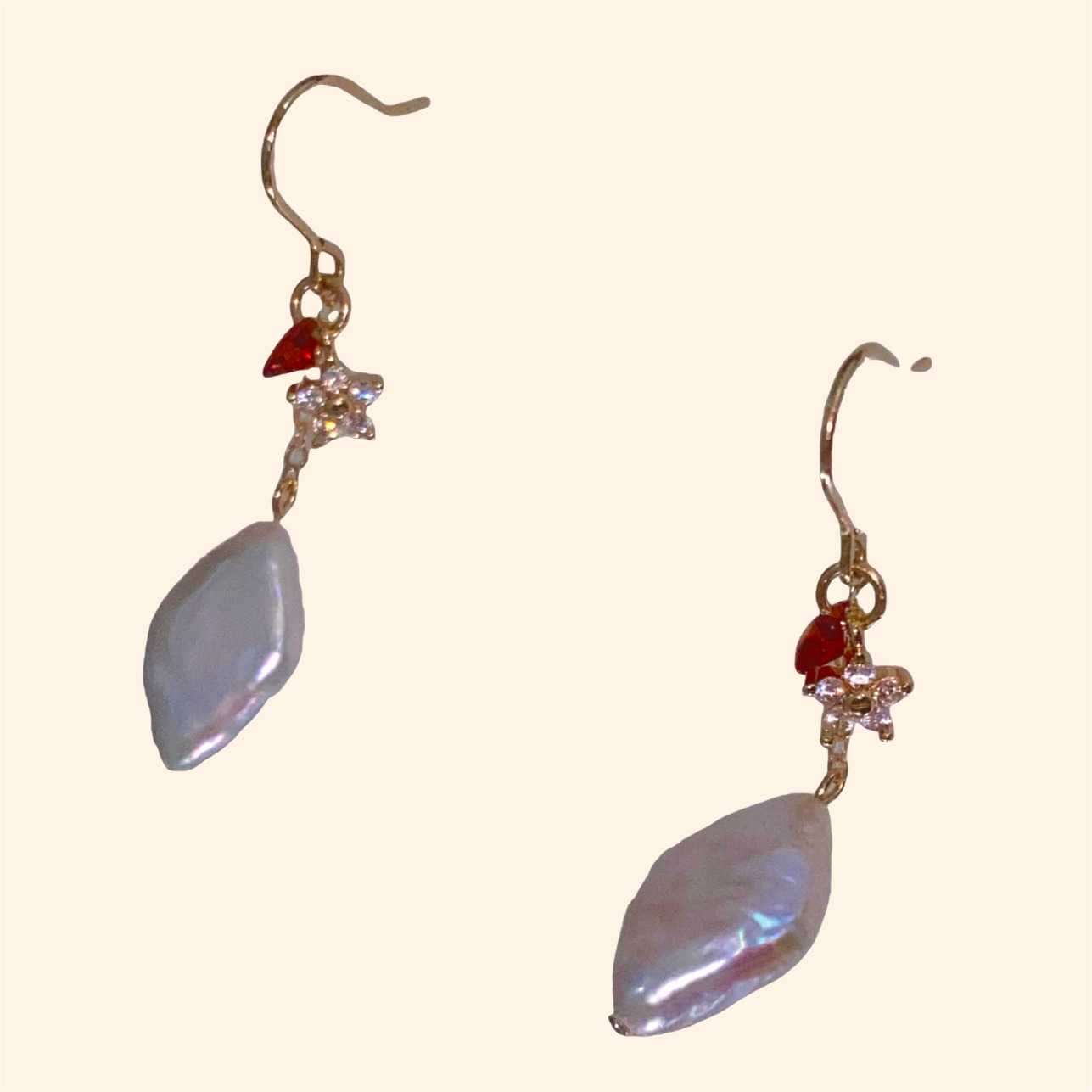 14K Gold-Filled WIND Leaf Pearl Earrings – Romantic Red Heart Zircon Accent 27.WIND .1.1