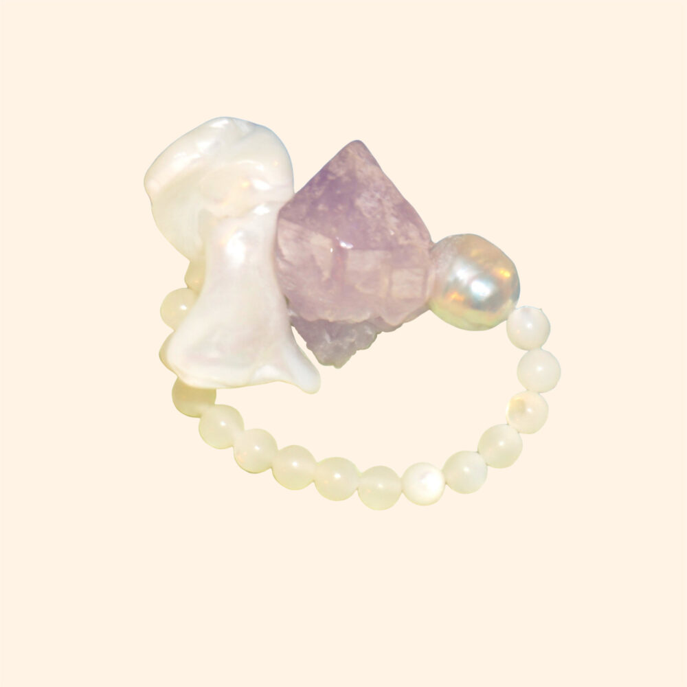 LING LAN JEWELRY Elegant Amethyst Pinctada maxima Handmade JACARANDA Pearl Elastic Ring for Unisex
