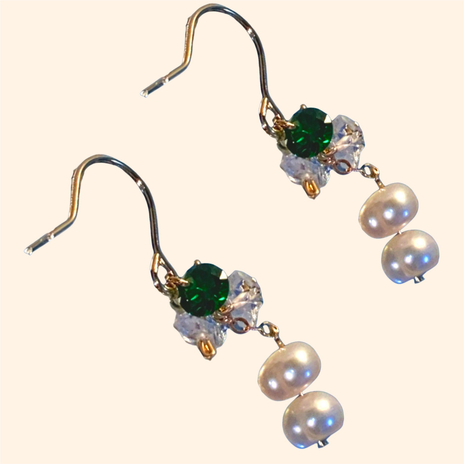 LING LAN JEWELRY Elegant 14KGF Gold-filled Herkimer Diamond BAMBOO High-luster Pearl Earrings