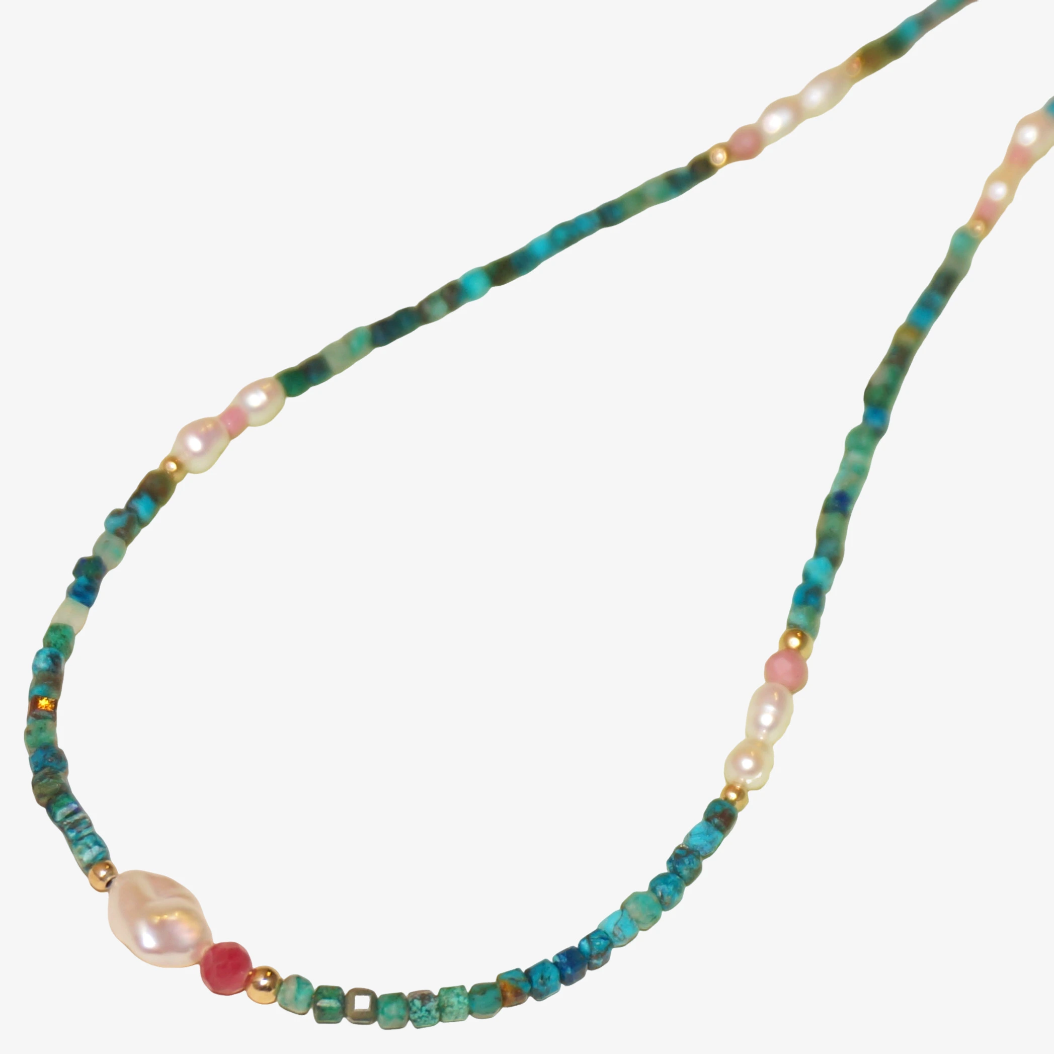 Dainty SILKROAD Chrysocolla Necklace with Nugget Pearl – 14K Gold-Filled, Handpicked Gemstones SILKROAD122