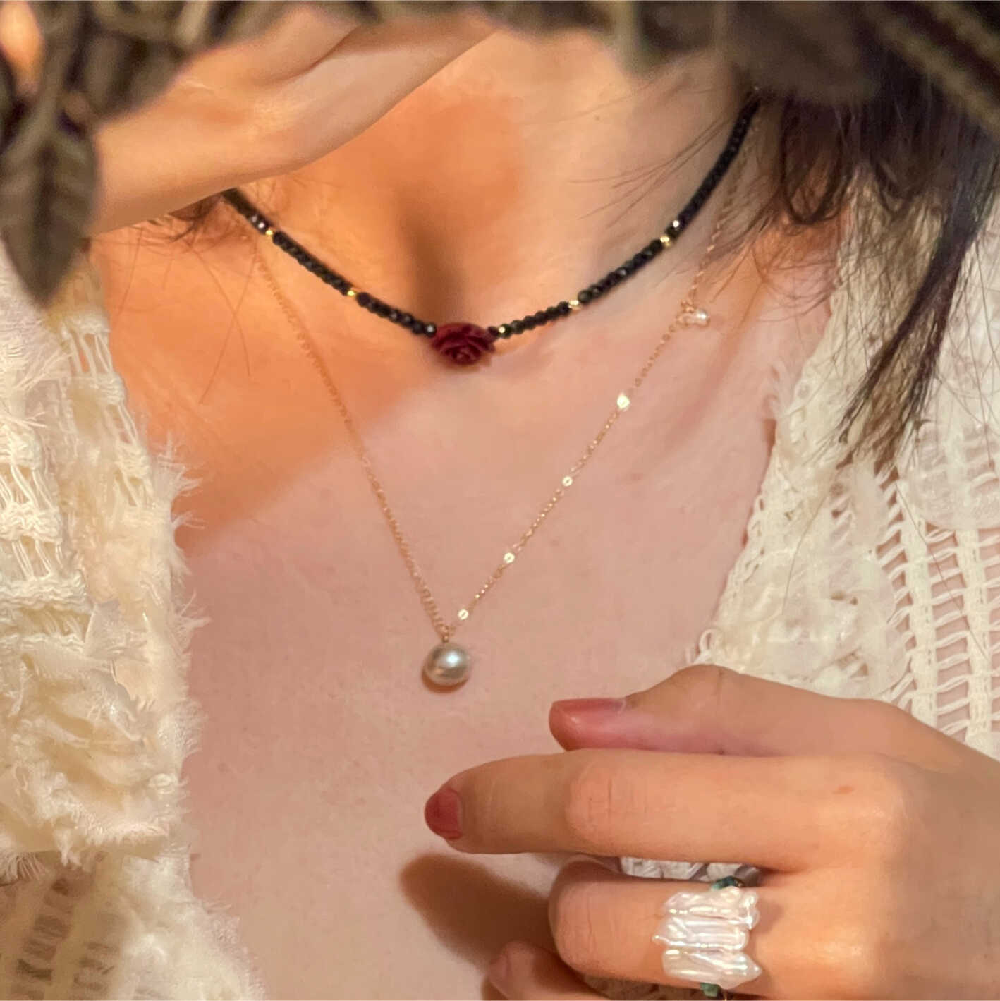 Starlight METEORITE Necklace | Sliding Baroque Pearl & Fluorite Necklace in 14K Gold-Filled | LING LAN Jewelry STARLIGHT.Meteorite 6