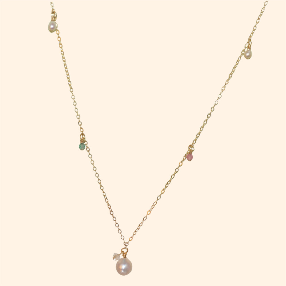 LING LAN JEWELRY Elegant Classic Shining 14K Gold Colorful Tourmaline Handmade Commuter STARLIGHT.NIGHT Swarovski Crystal High-luster Pearl Necklace for Women