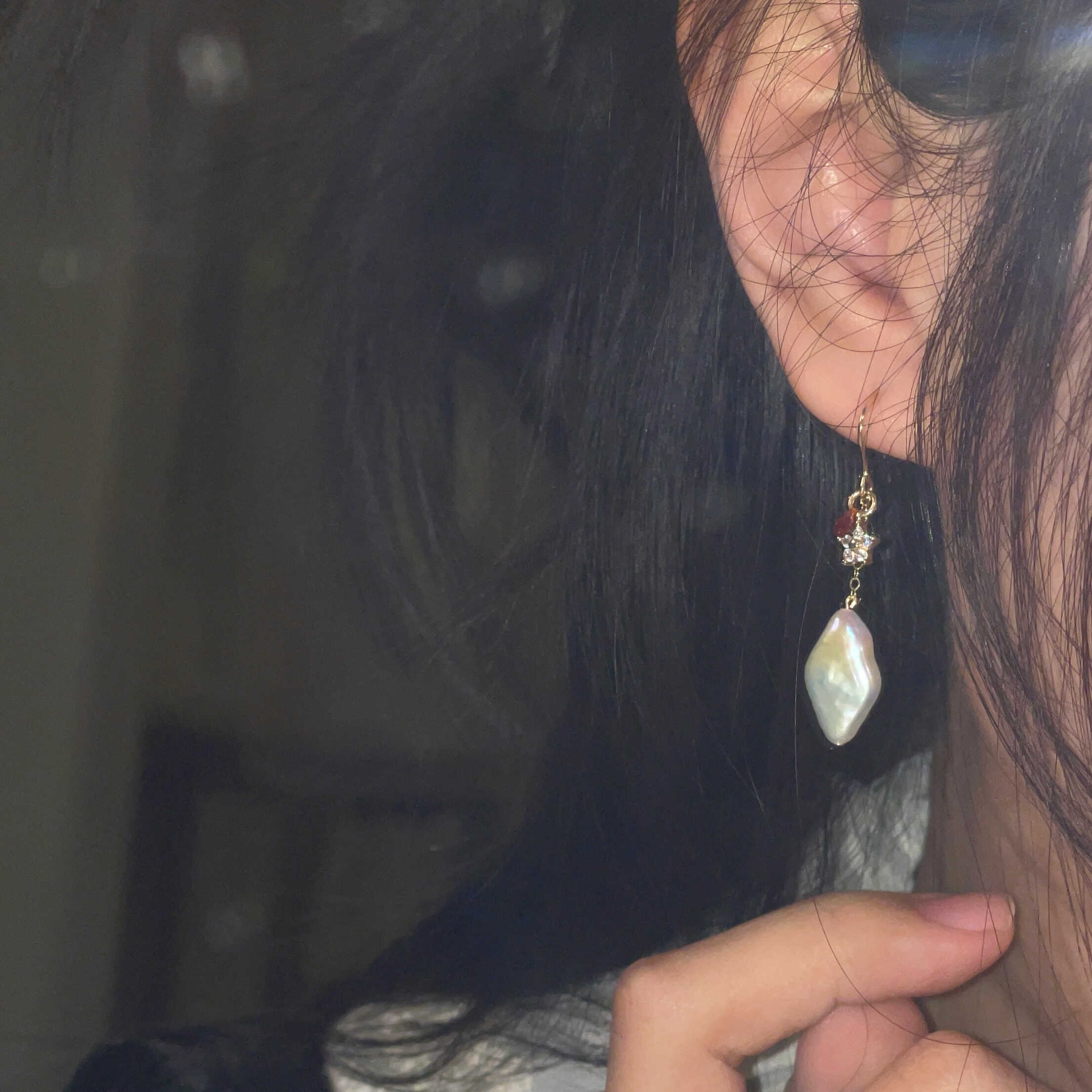 14K Gold-Filled WIND Leaf Pearl Earrings – Romantic Red Heart Zircon Accent WIND