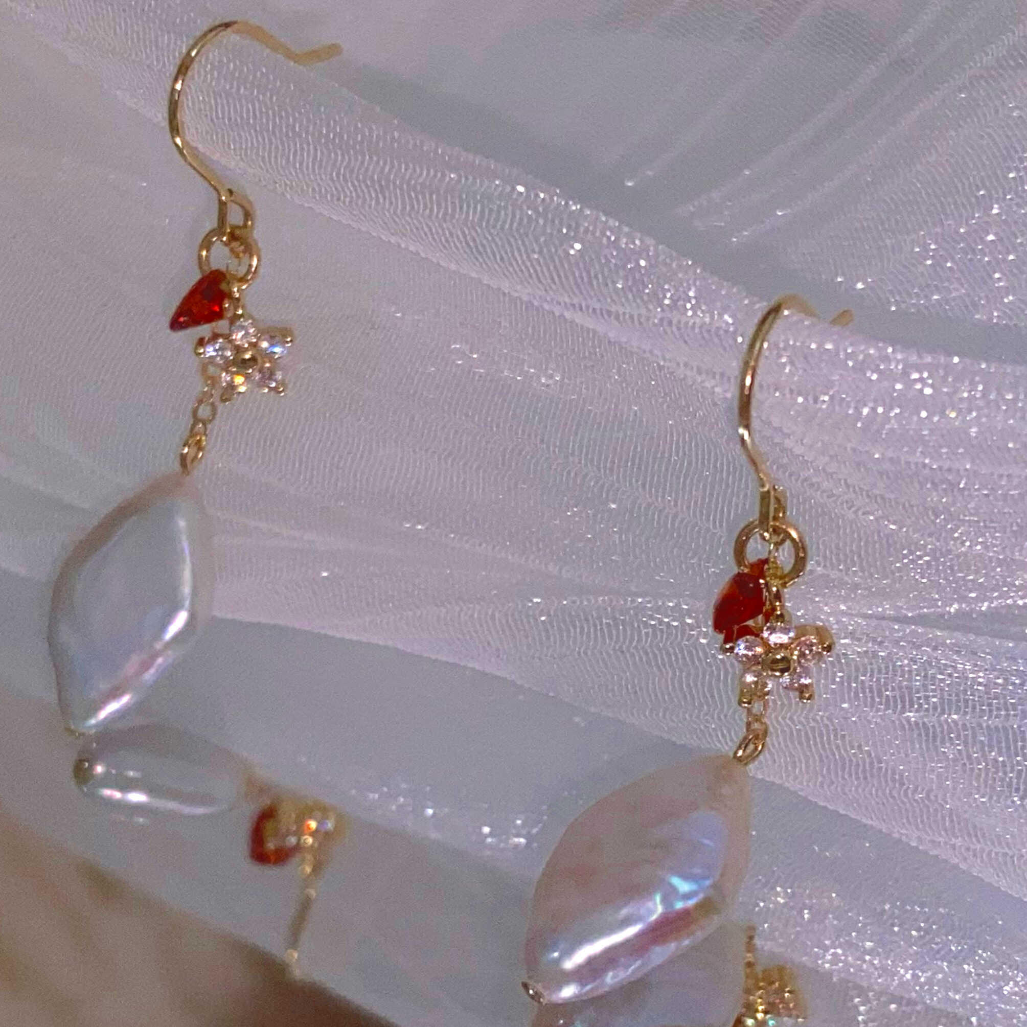 14K Gold-Filled WIND Leaf Pearl Earrings – Romantic Red Heart Zircon Accent WIND