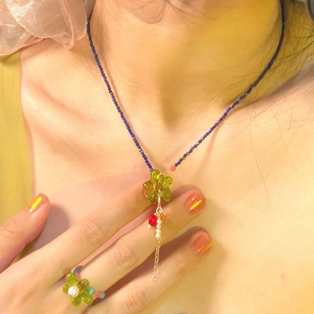 LING LAN JEWELRY 14KGF Creative Lapis Lazuli Cute Floral AZURE BLOOM Pearl Multi-wear Holiday Necklace/ Bracelet