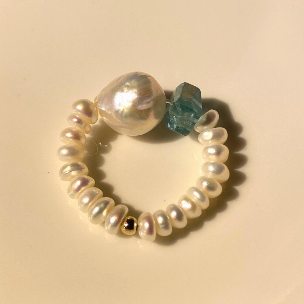 LING LAN JEWELRY Romantic 14KGF Blue Apatite Gemstone CERULEAN SONNET Baroque Pearl Everyday Elastic Ring