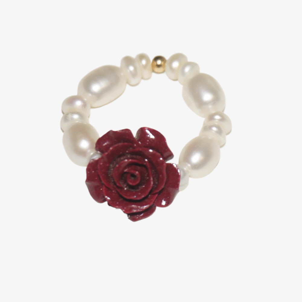 14K Gold-Filled Elegant Lunar Rose Ring | Pearl & Cinnabar Stretch Ring