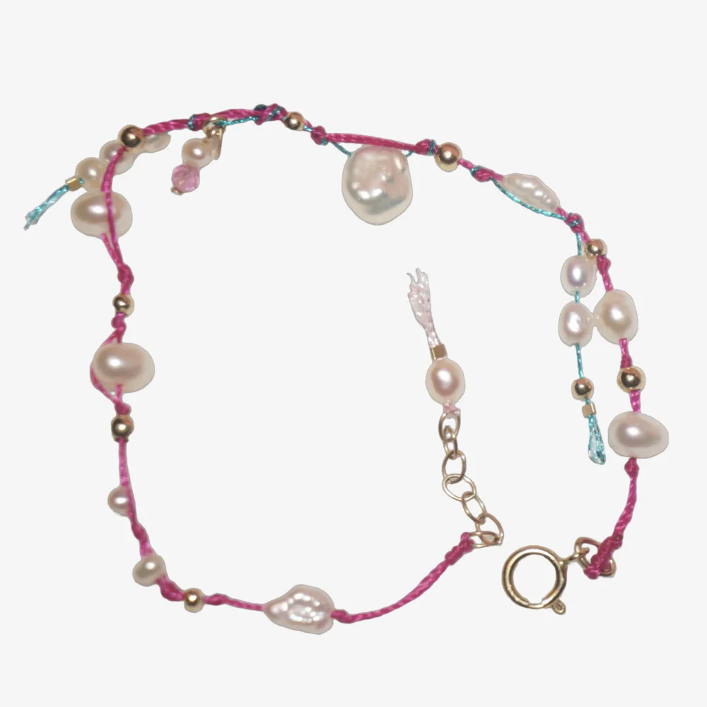 UNDERTOW pink and blue beaded pearl bracelet with shimmering threads, petal pearls and pink tourmaline