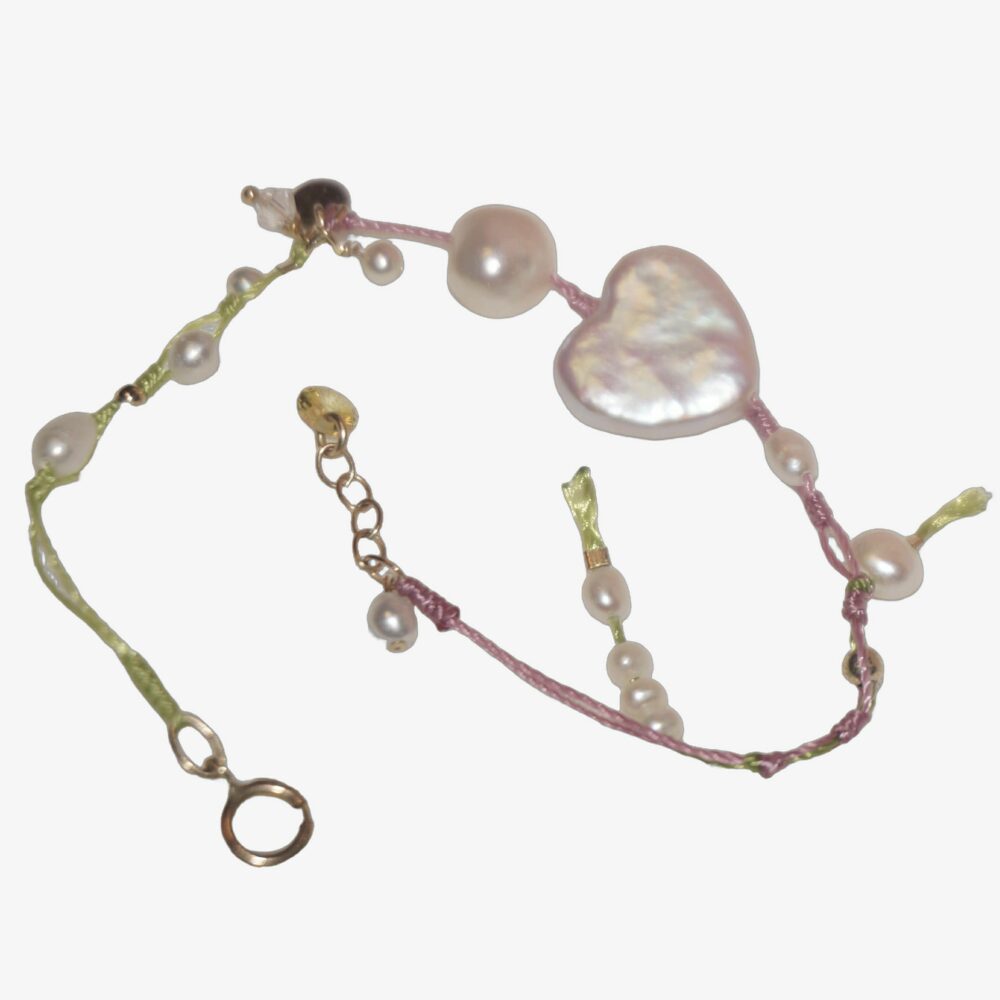 WILLOW pink and green handweaven cord baroque pearl bracelet with a heart-shaped pearl and yellow zircon